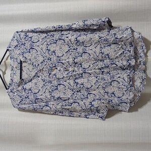 4/$20 Grand & Greene Blue White Printed Blouse XL 3/4 Sleeves V- Neck Rayon